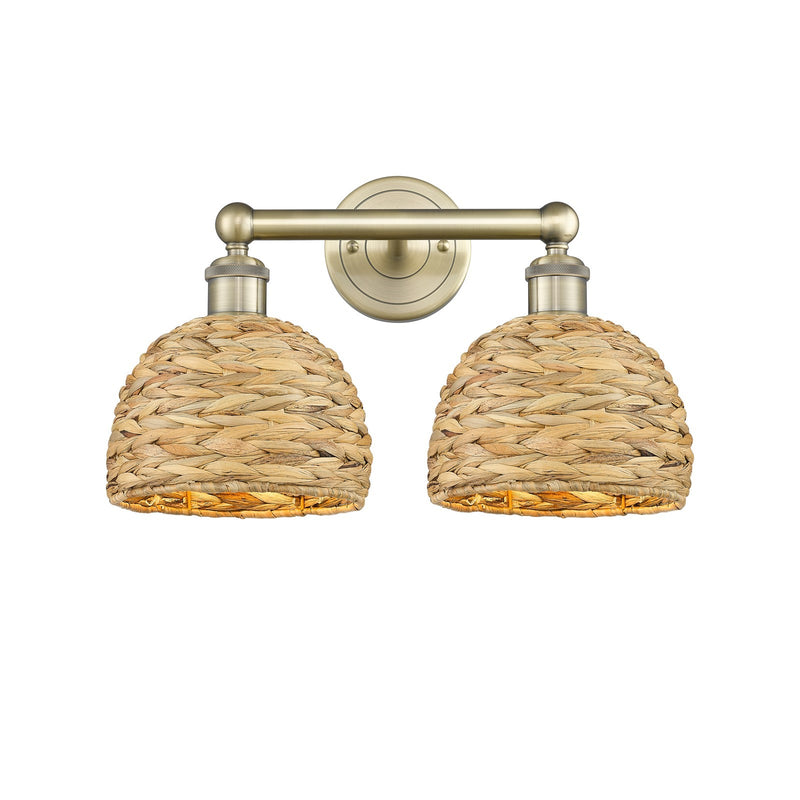 Innovations Woven Rattan 17in 2-Light Bath Vanity Light | Industrial Antique Brass and Natural Fiber Shade | Bathroom Vanity | Model 616-2W-AB-RBD-8-NAT