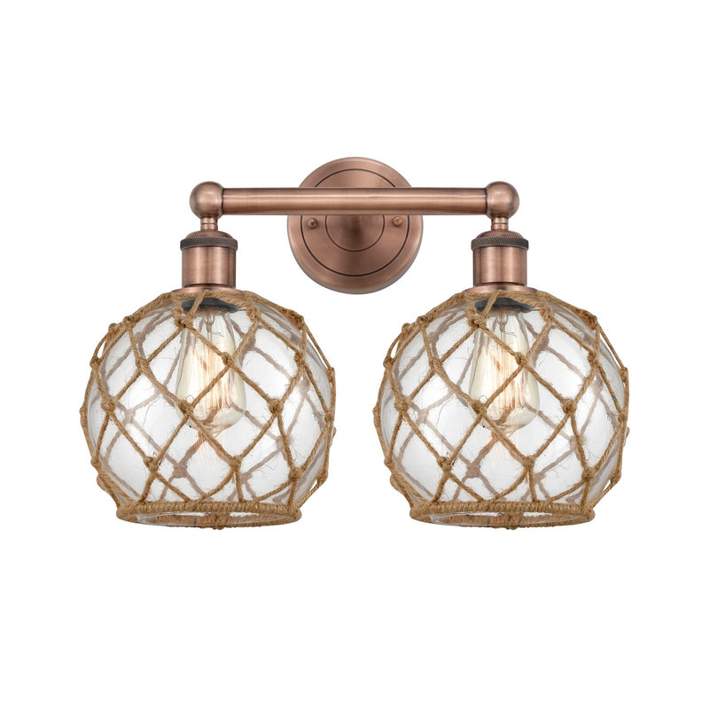 Innovations Farmhouse Rope 17in 2-Light Bath Vanity Light | Industrial Antique Copper Steel and Clear Glass with Brown Rope | Model 616-2W-AC-G122-8RB