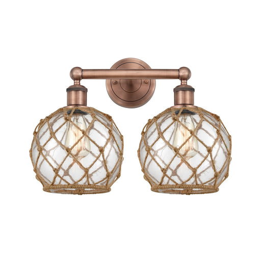 Innovations Farmhouse Rope 17in 2-Light Bath Vanity Light | Industrial Antique Copper Steel and Clear Glass with Brown Rope | Model 616-2W-AC-G122-8RB