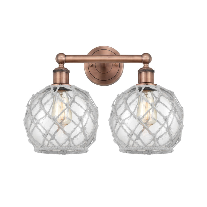Innovations Farmhouse Rope 17in 2-Light Bath Vanity Light | Industrial Antique Copper Steel and Clear Glass with White Rope | Model 616-2W-AC-G122-8RW