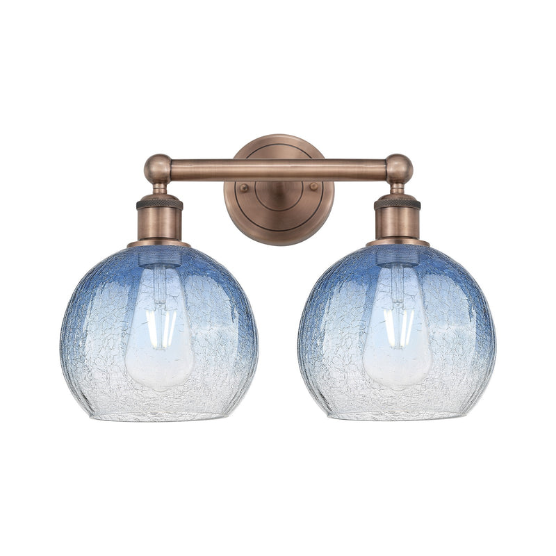 Innovations Brookhaven Globe 17in 2-Light Bath Vanity Light | Industrial Antique Copper Steel and Sapphire Blue Glass | Damp | Model 616-2W-AC-G483-8SB