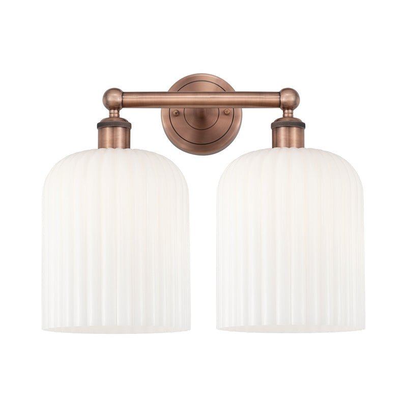 Innovations Bridal Veil 14in 2-Light Bath Vanity Light | Art Nouveau Antique Copper and Gloss White Ribbed Glass | Damp Rated | Model 616-2W-AC-G559-8GWH