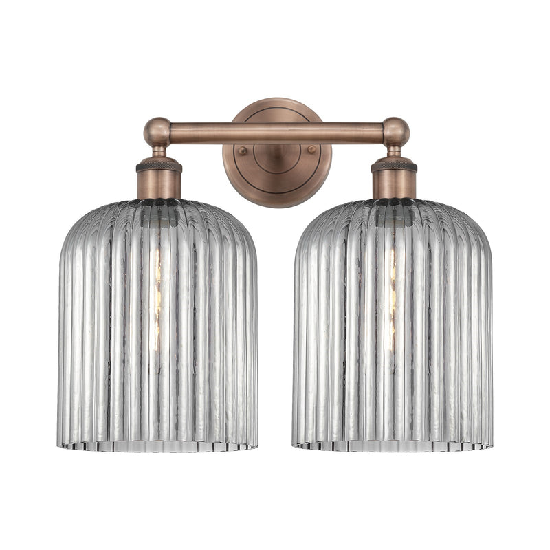 Innovations Bridal Veil 14in 2-Light Bath Vanity Light | Art Nouveau Industrial Antique Copper and Light Smoke Ribbed Glass | Model 616-2W-AC-G559-8SM