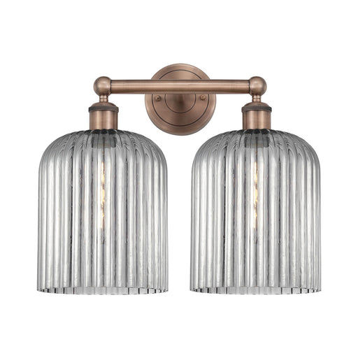 Innovations Bridal Veil 14in 2-Light Bath Vanity Light | Art Nouveau Industrial Antique Copper and Light Smoke Ribbed Glass | Model 616-2W-AC-G559-8SM