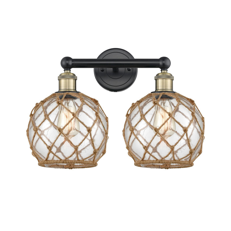 Innovations Farmhouse Rope 17in 2-Light Bath Vanity Light | Industrial Black Antique Brass Steel and Clear Glass with Brown | Model 616-2W-BAB-G122-8RB