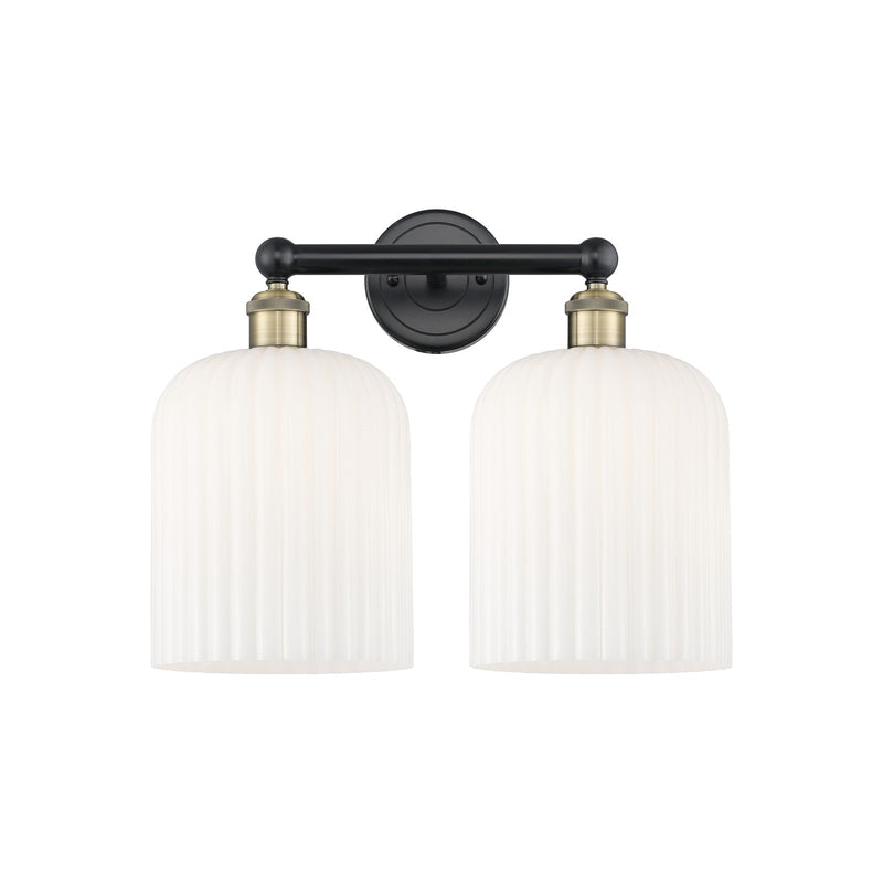 Innovations Bridal Veil 14in 2-Light Bath Vanity Light | Art Nouveau Black Antique Brass and Gloss White Ribbed Glass | Model 616-2W-BAB-G559-8GWH