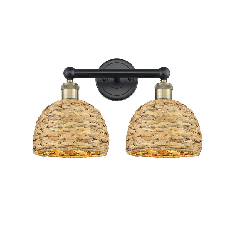 Innovations Woven Rattan 17in 2-Light Bath Vanity Light | Industrial Black Antique Brass and Natural Fiber Shade | Bathroom | Model 616-2W-BAB-RBD-8-NAT