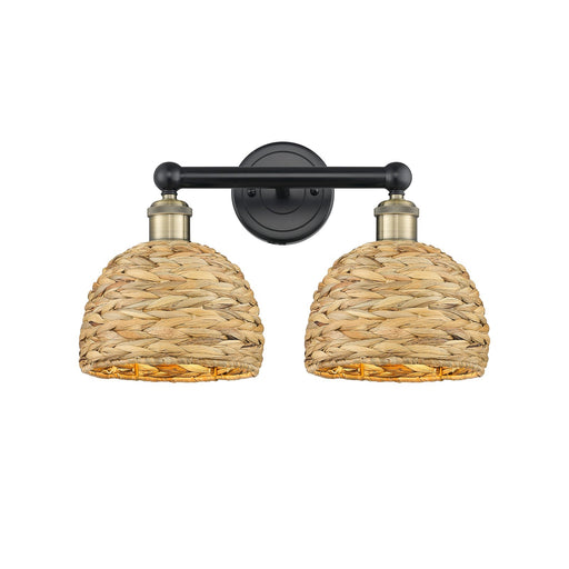 Innovations Woven Rattan 17in 2-Light Bath Vanity Light | Industrial Black Antique Brass and Natural Fiber Shade | Bathroom | Model 616-2W-BAB-RBD-8-NAT