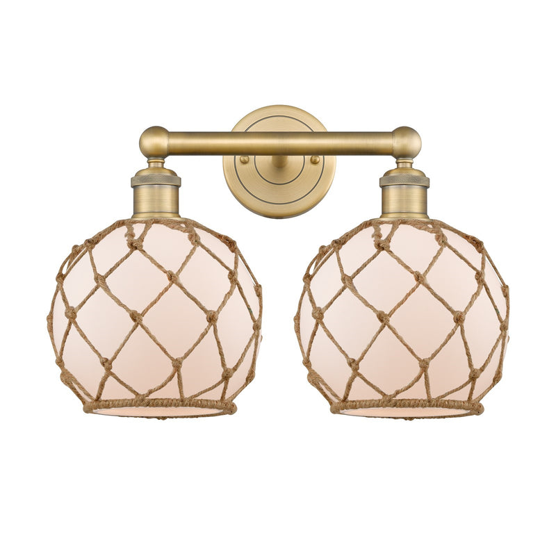 Innovations Farmhouse Rope 17in 2-Light Bath Vanity | Industrial Brushed Brass and White Glass with Brown Rope | Bathroom & | Model 616-2W-BB-G121-8RB