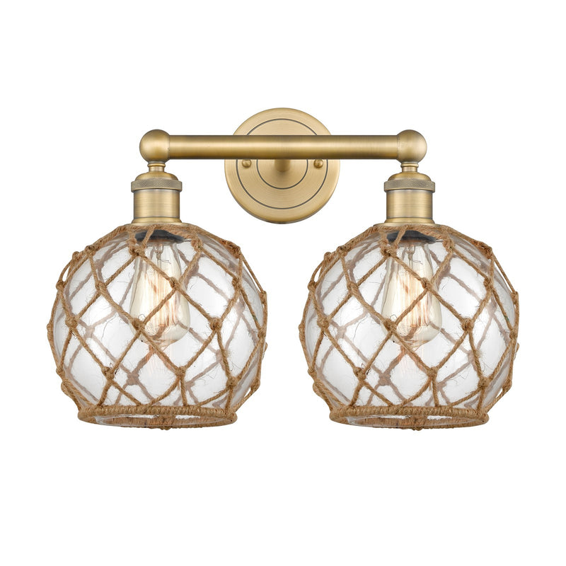 Innovations Farmhouse Rope 17in 2-Light Bath Vanity | Industrial Brushed Brass Steel and Clear Glass with Brown Rope | Bathroom | Model 616-2W-BB-G122-8RB