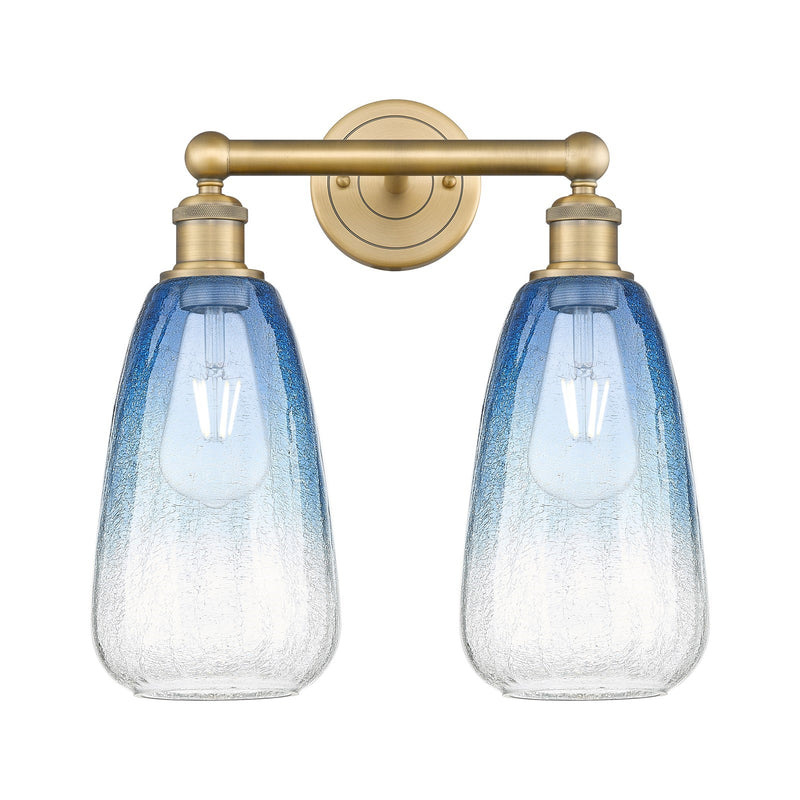 Innovations Brookhaven Almond 15in 2-Light Bath Vanity Light | Industrial Brushed Brass and Sapphire Blue Glass | Bathroom | Model 616-2W-BB-G480-6SB