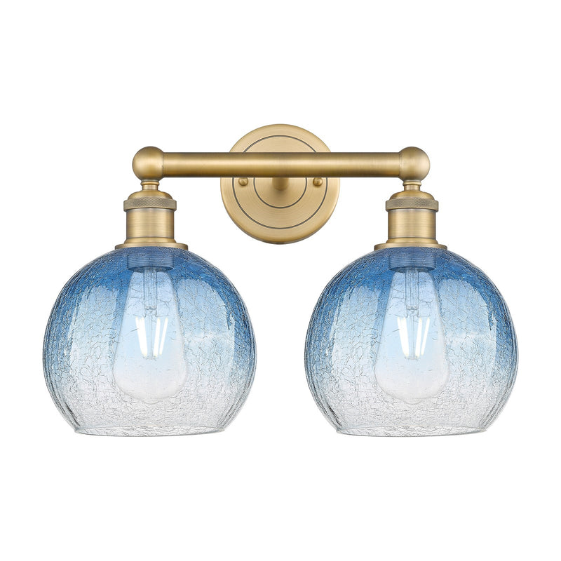Innovations Brookhaven Globe 17in 2-Light Bath Vanity Light | Industrial Brushed Brass Steel and Sapphire Blue Glass | Bathroom | Model 616-2W-BB-G483-8SB