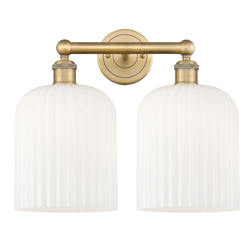 Innovations Bridal Veil 14in 2-Light Bath Vanity Light | Art Nouveau Industrial Brushed Brass and Gloss White Ribbed Glass | Model 616-2W-BB-G559-8GWH