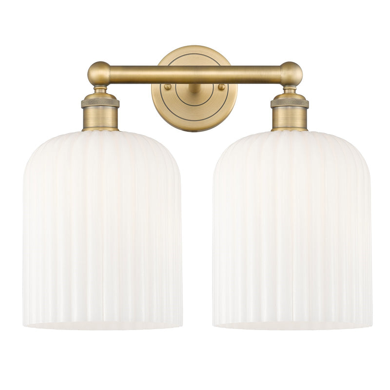 Innovations Bridal Veil 14in 2-Light Bath Vanity Light | Art Nouveau Industrial Brushed Brass and Gloss White Ribbed Glass | Model 616-2W-BB-G559-8GWH