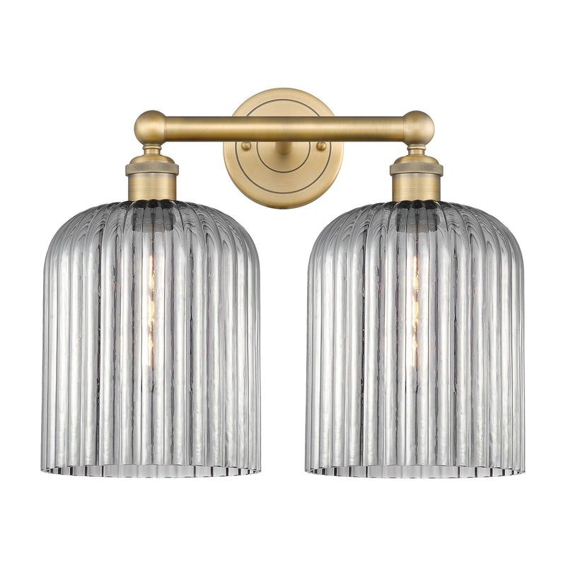 Innovations Bridal Veil 14in 2-Light Bath Vanity | Brushed Brass Steel and Cast Brass with Light Smoke Ribbed Glass | Bathroom | Model 616-2W-BB-G559-8SM