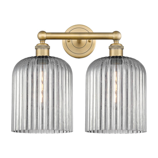 Innovations Bridal Veil 14in 2-Light Bath Vanity | Brushed Brass Steel and Cast Brass with Light Smoke Ribbed Glass | Bathroom | Model 616-2W-BB-G559-8SM