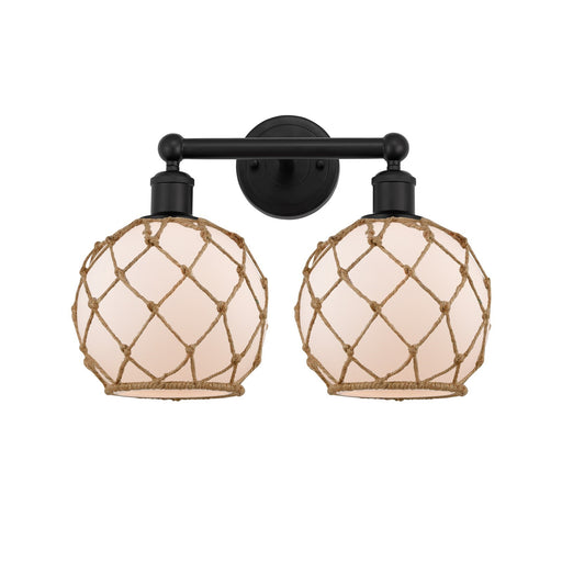 Innovations Farmhouse Rope 17in 2-Light Bath Vanity | Industrial Matte Black Steel and White Frosted Glass with Brown Rope | Model 616-2W-BK-G121-8RB
