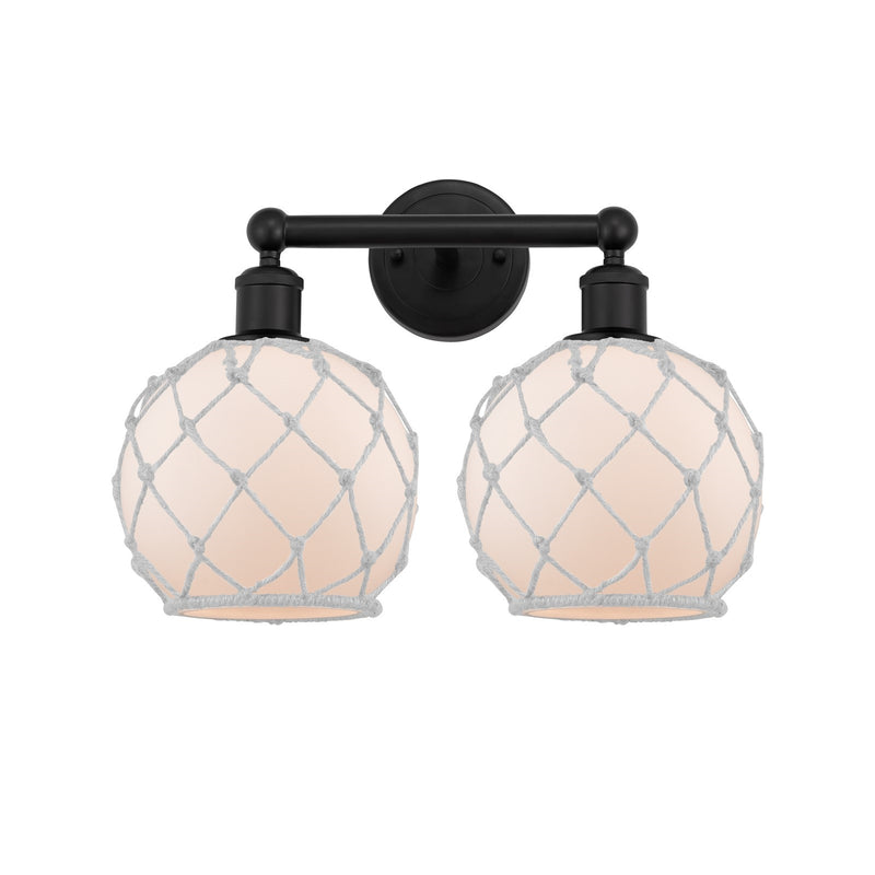 Innovations Farmhouse Rope 17in 2-Light Bath Vanity | Industrial Matte Black Steel and White Frosted Glass with Rope | Bathroom | Model 616-2W-BK-G121-8RW