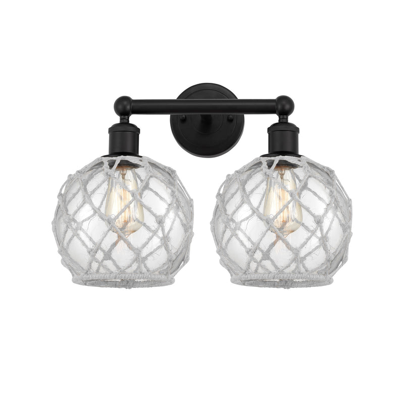 Innovations Farmhouse Rope 17in 2-Light Bath Vanity | Industrial Matte Black Steel and Clear Glass with White Rope | Bathroom | Model 616-2W-BK-G122-8RW