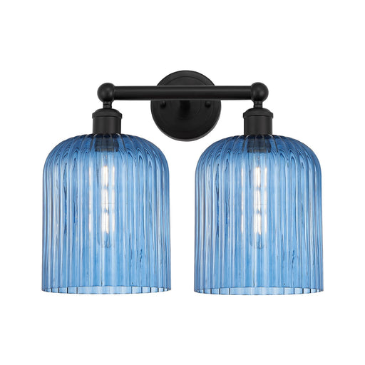 Innovations Bridal Veil 14in 2-Light Bath Vanity | Art Nouveau Matte Black Steel and Princess Blue Ribbed Glass | Bathroom | Model 616-2W-BK-G559-8BL