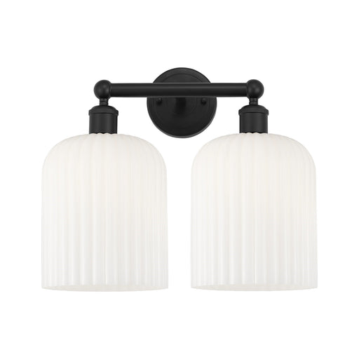 Innovations Bridal Veil 14in 2-Light Bath Vanity Light | Industrial Art Nouveau Matte Black Steel and Gloss White Ribbed Glass | Model 616-2W-BK-G559-8GWH