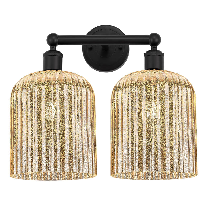 Innovations Bridal Veil 14in 2-Light Bath Vanity Light | Art Nouveau Matte Black Steel and Mercury Ribbed Glass | Bathroom | Model 616-2W-BK-G559-8ME