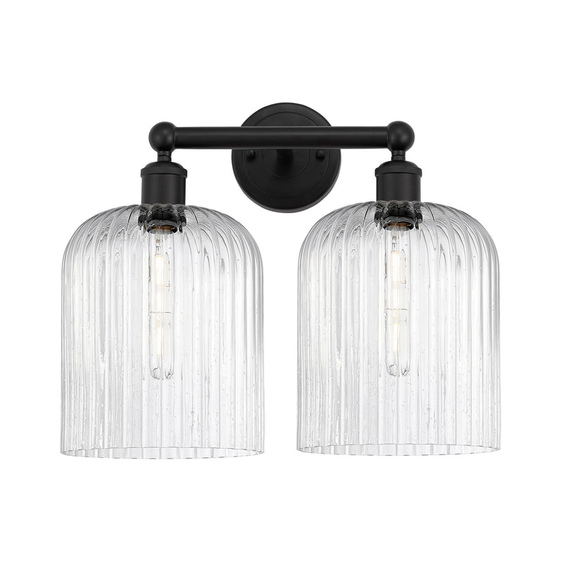Innovations Bridal Veil 14in 2-Light Bath Vanity Light | Industrial Matte Black Steel and Seedy Ribbed Bell Glass | Bathroom | Model 616-2W-BK-G559-8SDY