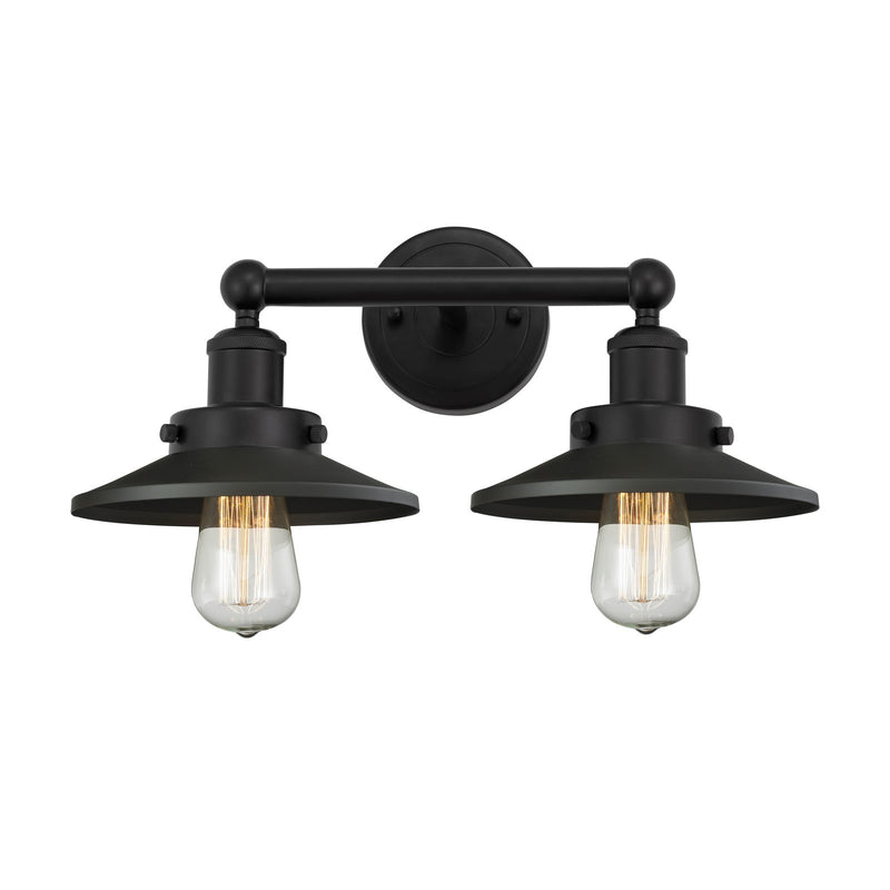 Innovations Railroad 17in 2-Light Bath Vanity Light | Industrial Matte Black Steel and Cast Brass with Matte Black Metal Cone | Model 616-2W-BK-M6-BK