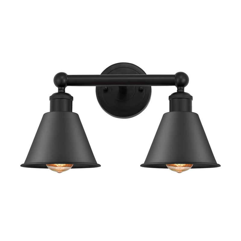 Innovations Smithfield 16in 2-Light Bath Vanity Light | Industrial Farmhouse Matte Black Steel and Cast Brass Metal Cone Shade | Model 616-2W-BK-M8-BK