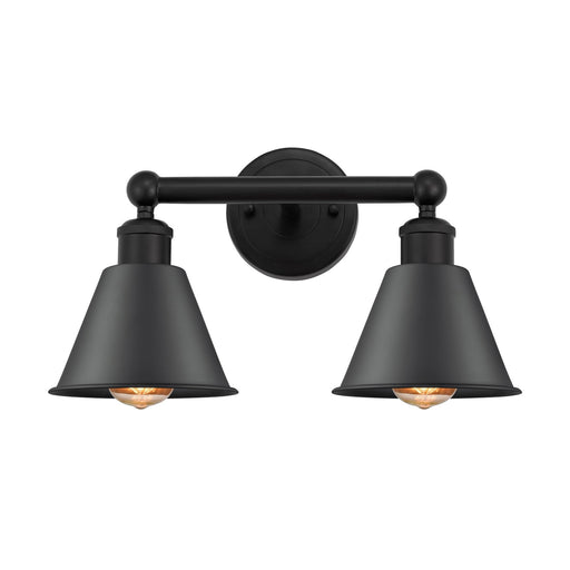 Innovations Smithfield 16in 2-Light Bath Vanity Light | Industrial Farmhouse Matte Black Steel and Cast Brass Metal Cone Shade | Model 616-2W-BK-M8-BK