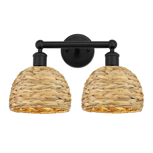 Innovations Woven Rattan 17in 2-Light Bath Vanity | Industrial Matte Black Steel and Natural Fiber Shade | Bathroom Vanity | Model 616-2W-BK-RBD-8-NAT
