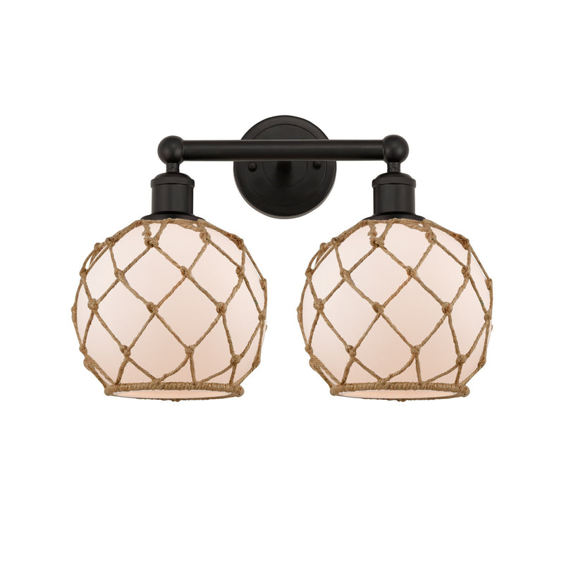 Innovations Farmhouse Rope 17in 2-Light Bath Vanity | Industrial Oil Rubbed Bronze Steel and White Frosted Glass with Brown | Model 616-2W-OB-G121-8RB