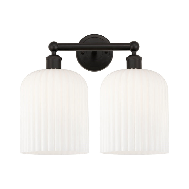 Innovations Bridal Veil 14in 2-Light Bath Vanity Light | Art Nouveau Oil Rubbed Bronze and Gloss White Ribbed Glass | Bathroom | Model 616-2W-OB-G559-8GWH