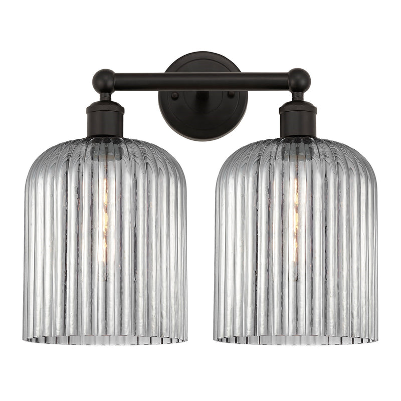 Innovations Bridal Veil 14in 2-Light Bath Vanity Light | Industrial Oil Rubbed Bronze and Light Smoke Ribbed Glass | Bathroom | Model 616-2W-OB-G559-8SM