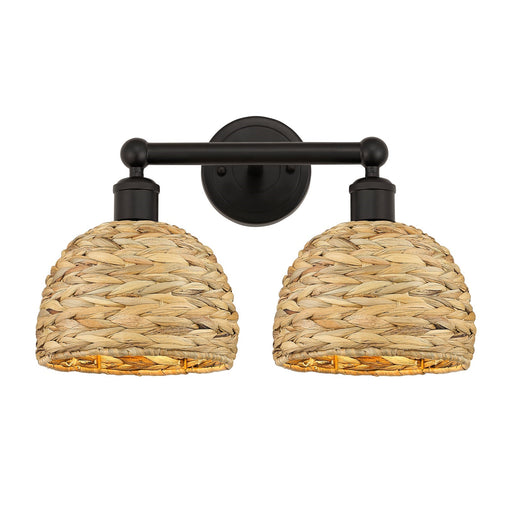 Innovations Woven Rattan 17in 2-Light Bath Vanity Light | Industrial Oil Rubbed Bronze Steel and Natural Fiber Shade | Damp | Model 616-2W-OB-RBD-8-NAT