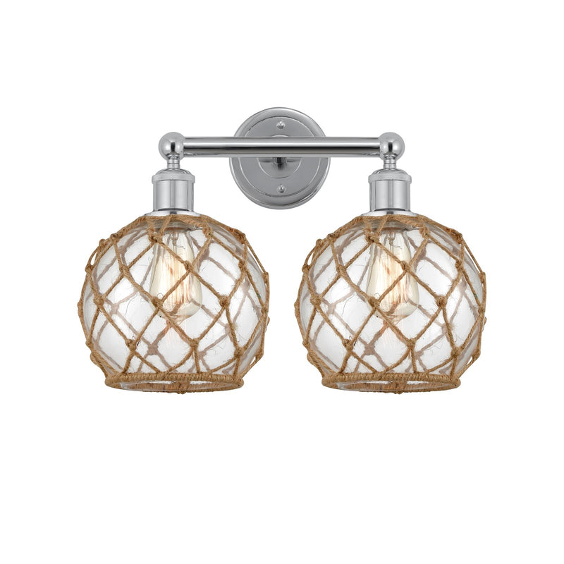 Innovations Farmhouse Rope 17in 2-Light Bath Vanity | Industrial Polished Chrome and Clear Glass with Brown Rope | Bathroom | Model 616-2W-PC-G122-8RB