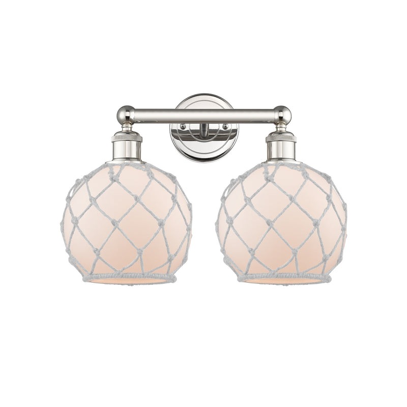 Innovations Farmhouse Rope 17in 2-Light Bath Vanity Light | Industrial Polished Nickel Steel and White Frosted Glass with Rope | Model 616-2W-PN-G121-8RW