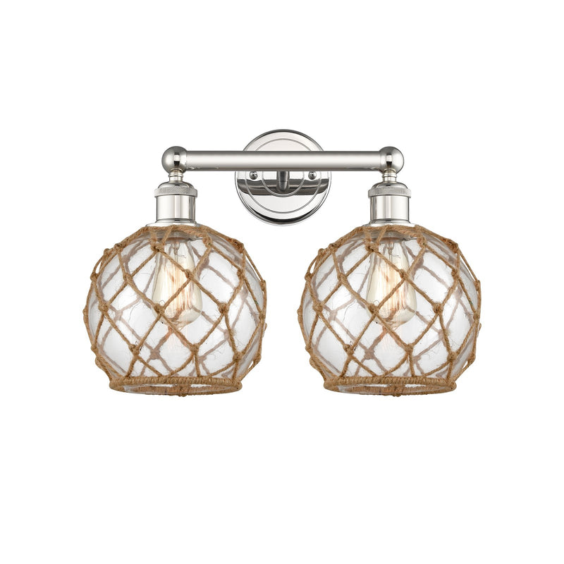 Innovations Farmhouse Rope 17in 2-Light Bath Vanity Light | Industrial Polished Nickel Steel and Clear Glass with Brown Rope | Model 616-2W-PN-G122-8RB