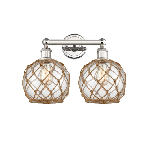 Innovations Farmhouse Rope 17in 2-Light Bath Vanity Light | Industrial Polished Nickel Steel and Clear Glass with Brown Rope | Model 616-2W-PN-G122-8RB