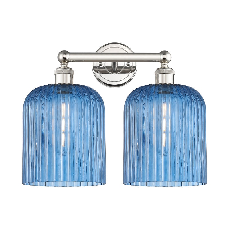 Innovations Bridal Veil 14in 2-Light Bath Vanity Light | Art Nouveau Polished Nickel Steel and Princess Blue Ribbed Glass | Model 616-2W-PN-G559-8BL