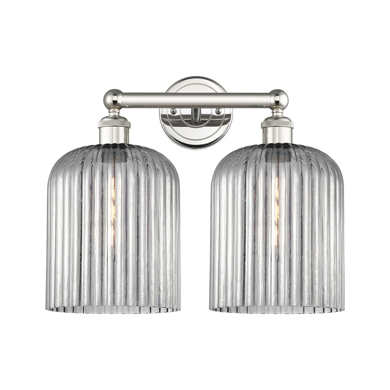 Innovations Bridal Veil 14in 2-Light Bath Vanity Light | Art Nouveau Polished Nickel and Light Smoke Ribbed Glass | Bathroom | Model 616-2W-PN-G559-8SM
