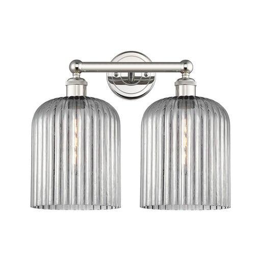 Innovations Bridal Veil 14in 2-Light Bath Vanity Light | Art Nouveau Polished Nickel and Light Smoke Ribbed Glass | Bathroom | Model 616-2W-PN-G559-8SM