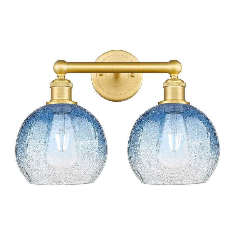 Innovations Brookhaven Globe 17in 2-Light Bath Vanity | Industrial Satin Gold Steel and Sapphire Blue Glass | Damp-Rated | Model 616-2W-SG-G483-8SB