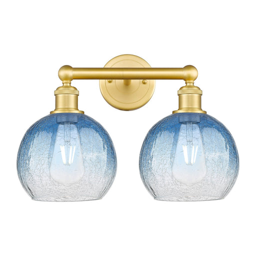 Innovations Brookhaven Globe 17in 2-Light Bath Vanity | Industrial Satin Gold Steel and Sapphire Blue Glass | Damp-Rated | Model 616-2W-SG-G483-8SB