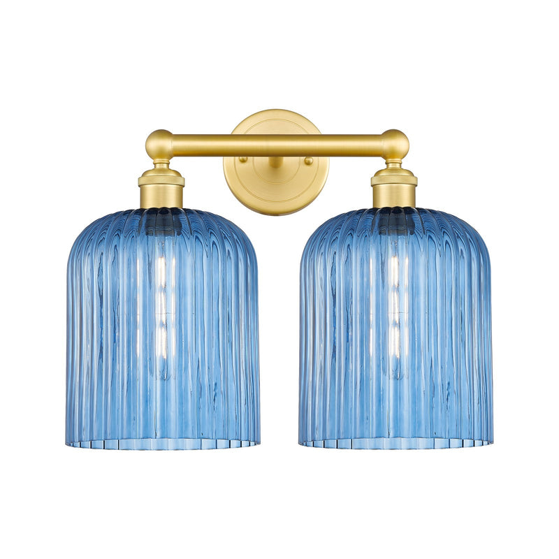 Innovations Bridal Veil 14in 2-Light Bath Vanity | Art Nouveau Satin Gold Steel and Princess Blue Ribbed Glass | Bathroom | Model 616-2W-SG-G559-8BL