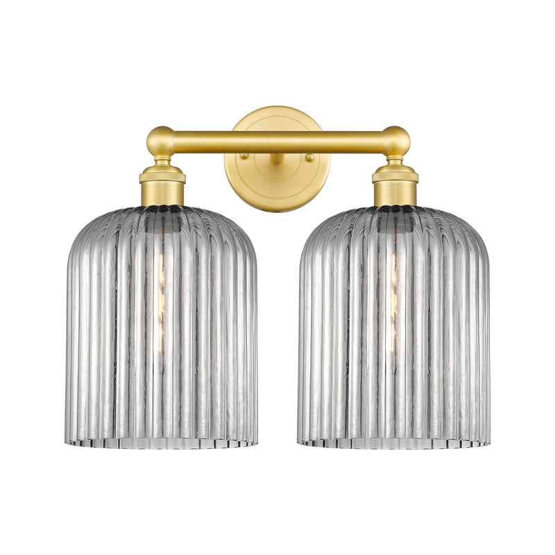Innovations Bridal Veil 14in 2-Light Bath Vanity | Art Nouveau Satin Gold Steel and Light Smoke Ribbed Glass | Damp-Rated | Model 616-2W-SG-G559-8SM