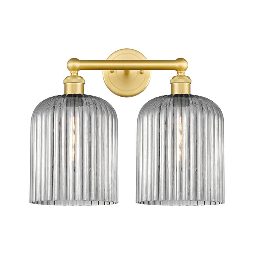 Innovations Bridal Veil 14in 2-Light Bath Vanity | Art Nouveau Satin Gold Steel and Light Smoke Ribbed Glass | Damp-Rated | Model 616-2W-SG-G559-8SM