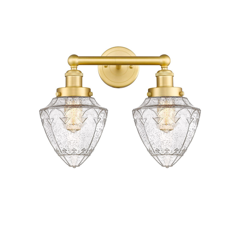 Innovations Bullet 16in 2-Light Bath Vanity Light | Industrial Satin Gold Steel and Cast Brass with Seedy Glass Shades | Bathroom | Model 616-2W-SG-G664-7