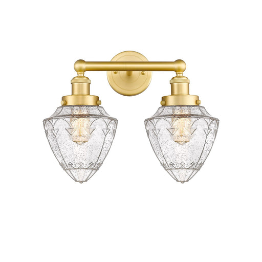 Innovations Bullet 16in 2-Light Bath Vanity Light | Industrial Satin Gold Steel and Cast Brass with Seedy Glass Shades | Bathroom | Model 616-2W-SG-G664-7