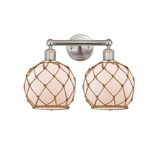 Innovations Farmhouse Rope 17in 2-Light Bath Vanity Light | Industrial Brushed Satin Nickel and White Frosted Glass with Brown | Model 616-2W-SN-G121-8RB